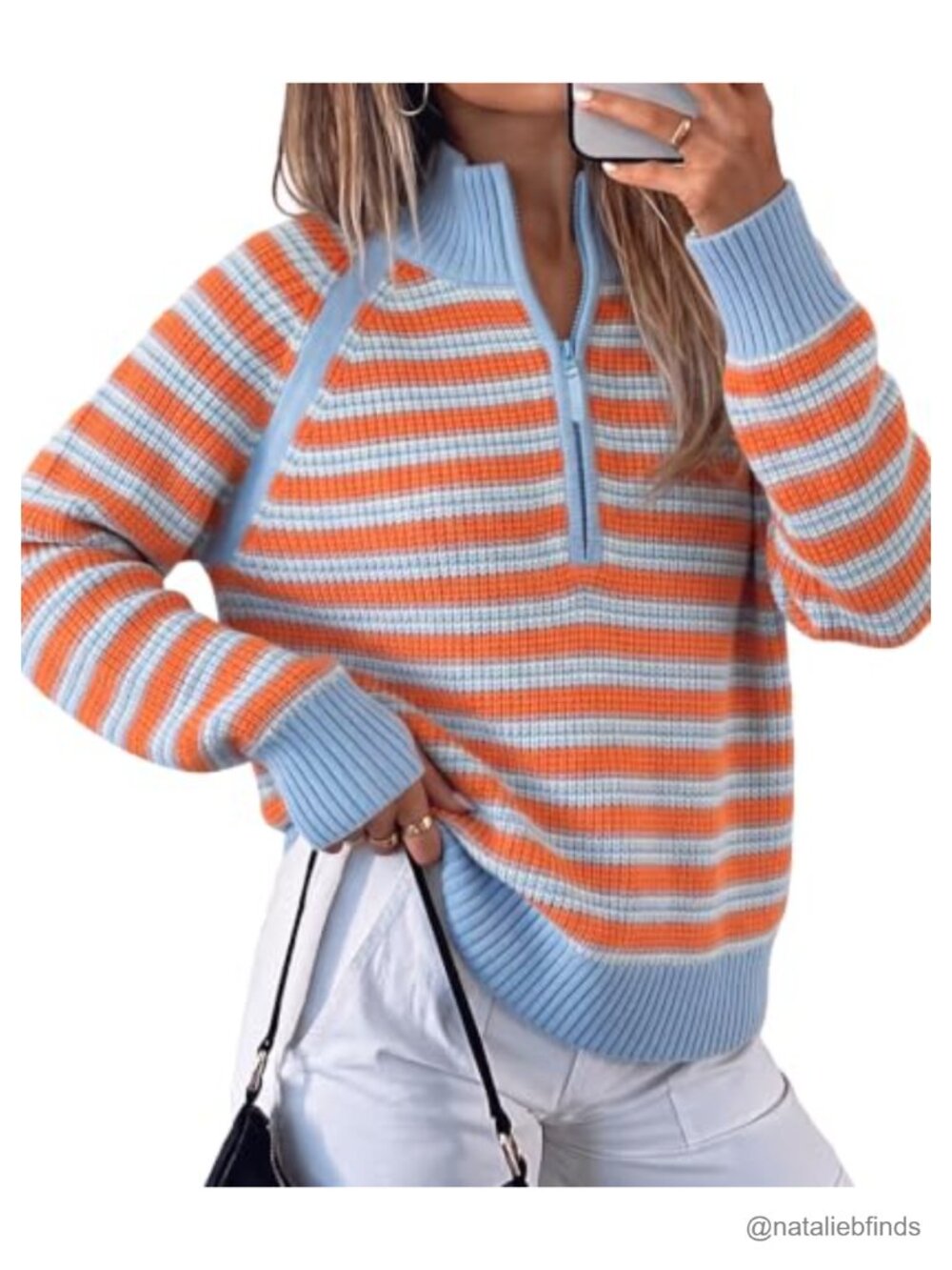 Half Zip Striped Ribbed Knit Pullover Sweater with Thumb Holes